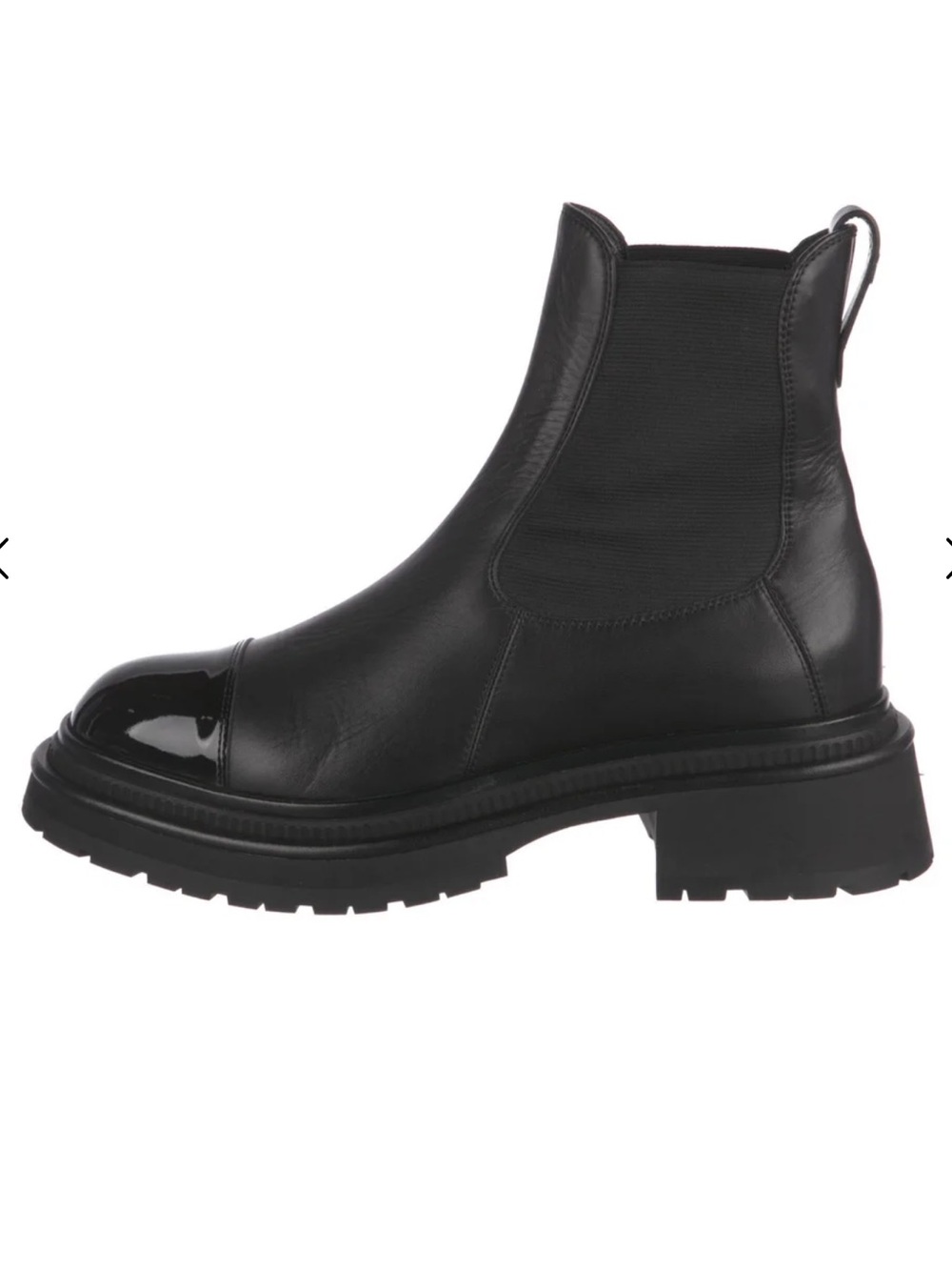 Chanel Black Leather Patent Cap Toe CC Back Ankle Chelsea Boots 39.5